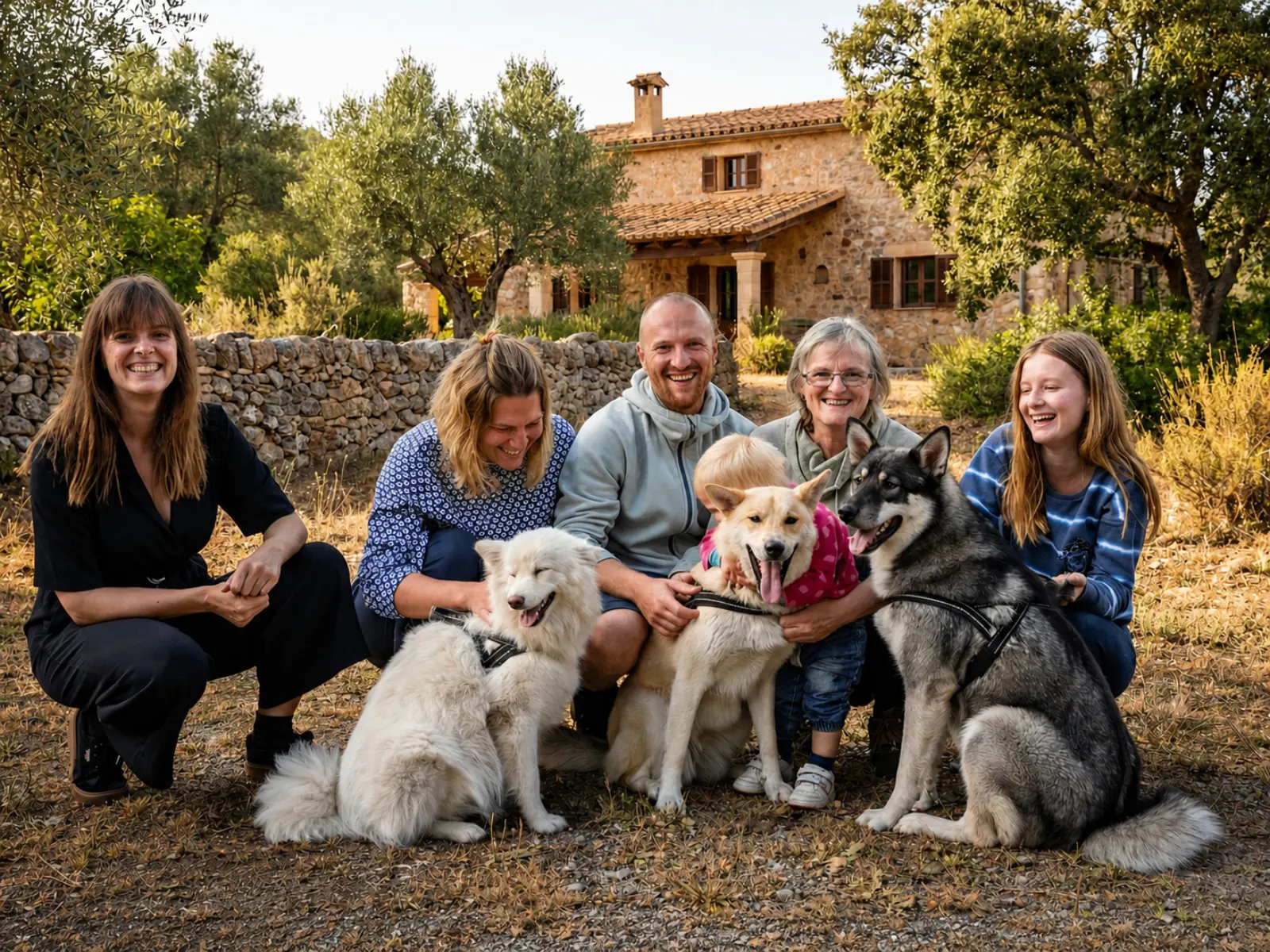Familia local recibiendo a un huésped en la puerta de casa